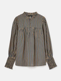 Clearance Joules Mariella Navy Stripe Cotton Frill Neck Blouse NavyStripe
