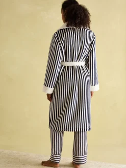 New Joules Matilda Navy & White Fleece Lined Striped Dressing Gown Navy&White
