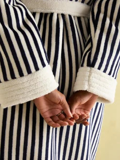 New Joules Matilda Navy & White Fleece Lined Striped Dressing Gown Navy&White