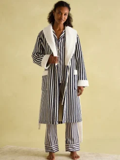 New Joules Matilda Navy & White Fleece Lined Striped Dressing Gown Navy&White