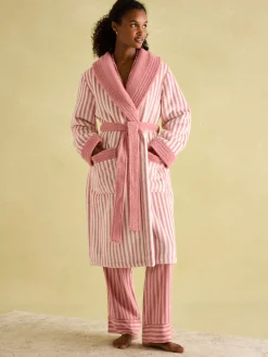 Online Joules Matilda Pink & White Fleece Lined Striped Dressing Gown Pink&White