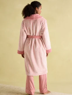 Online Joules Matilda Pink & White Fleece Lined Striped Dressing Gown Pink&White