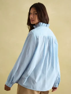 Best Joules Melanie Cotton Ruffle Blouse Blue/White