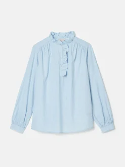 Best Joules Melanie Cotton Ruffle Blouse Blue/White