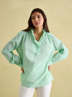Sale Joules Melanie Cotton Ruffle Blouse Green/White