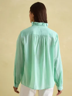 Sale Joules Melanie Cotton Ruffle Blouse Green/White