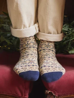 New Joules Men's Alby Fair Isle Socks (size 7-12) Cream/Blue