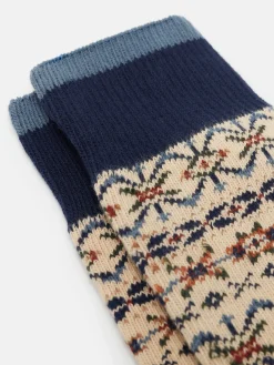 New Joules Men's Alby Fair Isle Socks (size 7-12) Cream/Blue