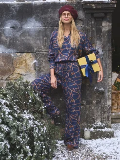 Best Joules Navy Blue Bridle Wide Leg Printed Satin Trousers NavyBlueBridle