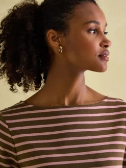 Clearance Joules New Harbour Chocolate Brown pink Boat Neck Breton Top ChocolateBrownpink