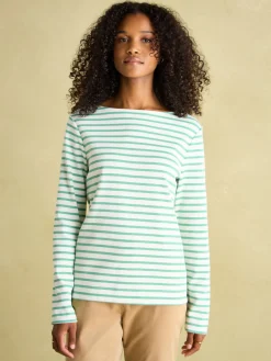 Hot Joules New Harbour Cream & Green Striped Boat Neck Breton Top Cream&GreenStriped
