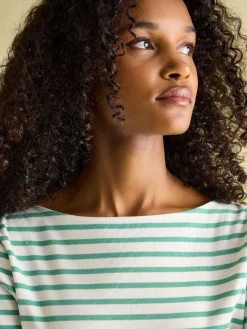 Hot Joules New Harbour Cream & Green Striped Boat Neck Breton Top Cream&GreenStriped