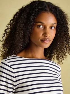 Outlet Joules New Harbour Cream & Navy Striped Boat Neck Breton Top Cream&NavyStriped