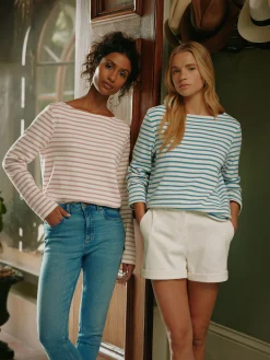 Best Joules New Harbour Cream & Pink Striped Boat Neck Breton Top Cream&PinkStriped