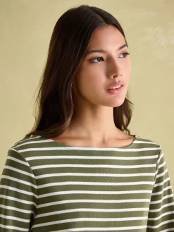 Outlet Joules New Harbour Green stripe Boat Neck Breton Top Greenstripe