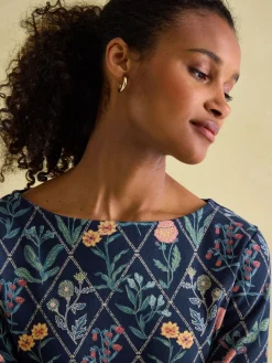 Sale Joules New Harbour Navy floral Boat Neck Breton Top Navyfloral
