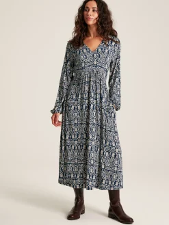 Best Joules Nia Navy Blue Printed Long Sleeve Midaxi Dress With Pockets NavyBlue