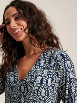 Best Joules Nia Navy Blue Printed Long Sleeve Midaxi Dress With Pockets NavyBlue