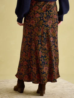 Outlet Joules Penelope Navy Floral Satin Midi Skirt NavyFloral