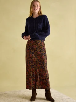Outlet Joules Penelope Navy Floral Satin Midi Skirt NavyFloral