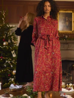 Clearance Joules Penelope Red Bridle Print Satin Shirt Dress RedBridlePrint