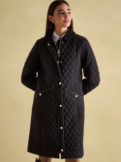 Hot Joules Rosewell Showerproof Longline Diamond Quilted Coat Black