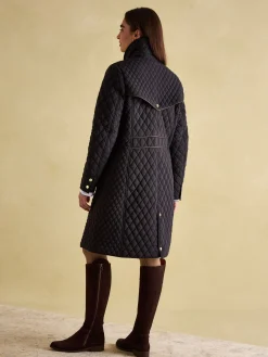 Hot Joules Rosewell Showerproof Longline Diamond Quilted Coat Black