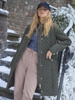 Sale Joules Rosewell Khaki Green Showerproof Longline Diamond Quilted Coat KhakiGreen