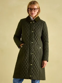 Sale Joules Rosewell Khaki Green Showerproof Longline Diamond Quilted Coat KhakiGreen