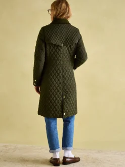 Sale Joules Rosewell Khaki Green Showerproof Longline Diamond Quilted Coat KhakiGreen