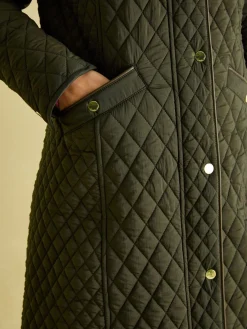 Sale Joules Rosewell Khaki Green Showerproof Longline Diamond Quilted Coat KhakiGreen