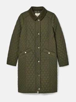 Sale Joules Rosewell Khaki Green Showerproof Longline Diamond Quilted Coat KhakiGreen