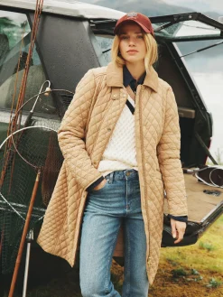 Joules Rosewell Tan Brown Showerproof Longline Diamond Quilted Coat TanBrown