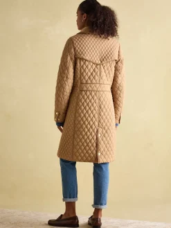 Joules Rosewell Tan Brown Showerproof Longline Diamond Quilted Coat TanBrown