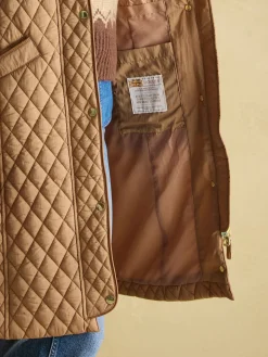 Joules Rosewell Tan Brown Showerproof Longline Diamond Quilted Coat TanBrown
