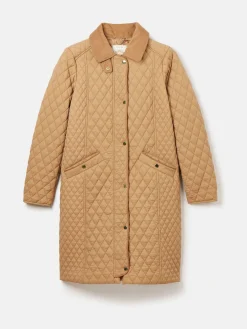 Joules Rosewell Tan Brown Showerproof Longline Diamond Quilted Coat TanBrown