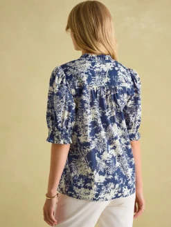 Discount Joules Silvia Frill Neck Smocked Blouse Blue