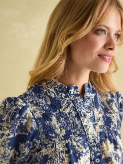 Discount Joules Silvia Frill Neck Smocked Blouse Blue