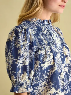 Discount Joules Silvia Frill Neck Smocked Blouse Blue