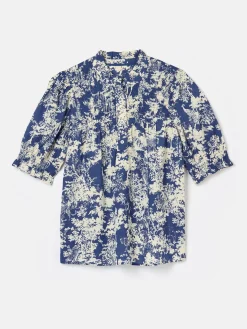 Discount Joules Silvia Frill Neck Smocked Blouse Blue