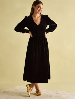 Discount Joules Vanessa Velvet Shirred Dress Black