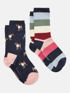 Online Joules Women's Everyday 2 Pack Socks (size 4-8) Navy/Pink